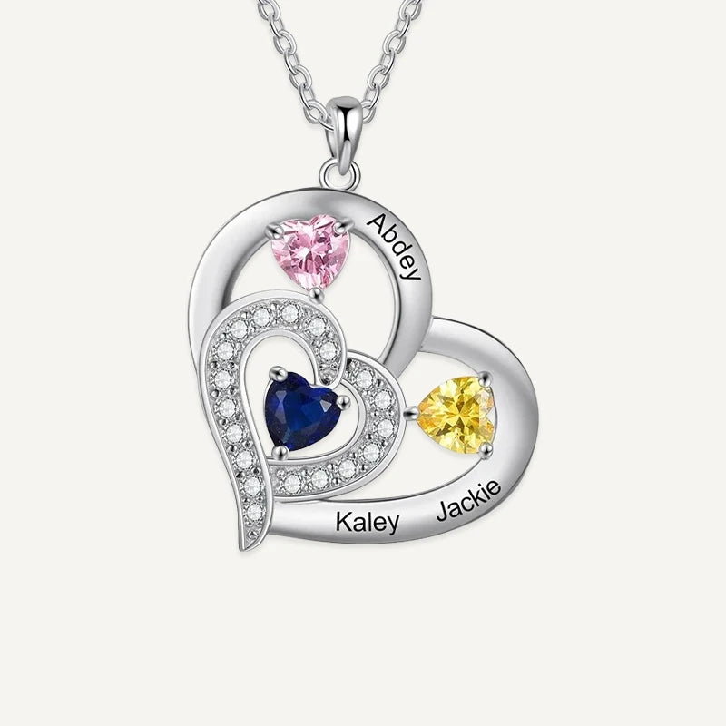 Collier Cœurs Entrelacés 3 Prénoms avec Pierres de Naissance