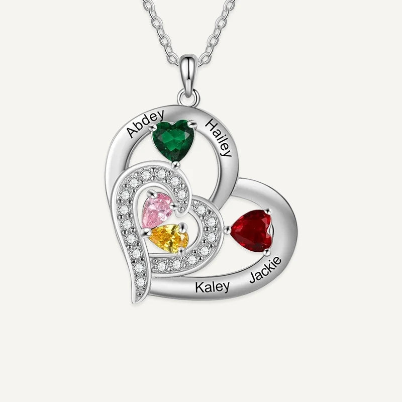 Collier Cœurs Entrelacés 4 Prénoms avec Pierres de Naissance