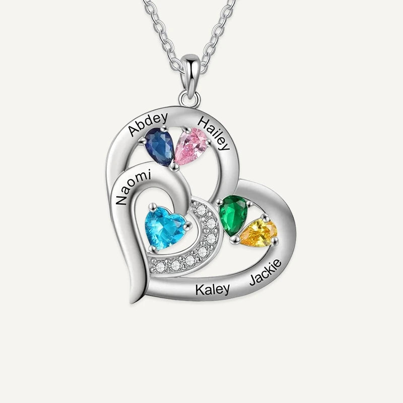 Collier Cœurs Entrelacés 5 Prénoms avec Pierres de Naissance
