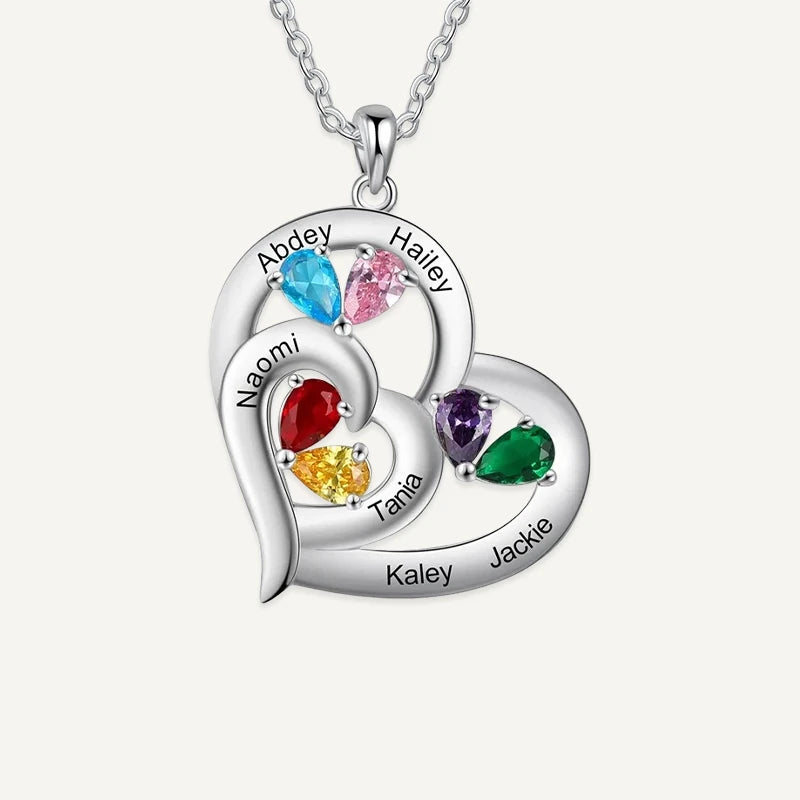 Collier Cœurs Entrelacés 6 Prénoms avec Pierres de Naissance