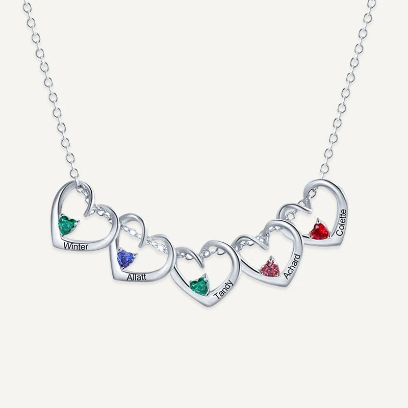 Collier Cœurs Personnalisés Prénoms avec Pierres de Naissance Argent