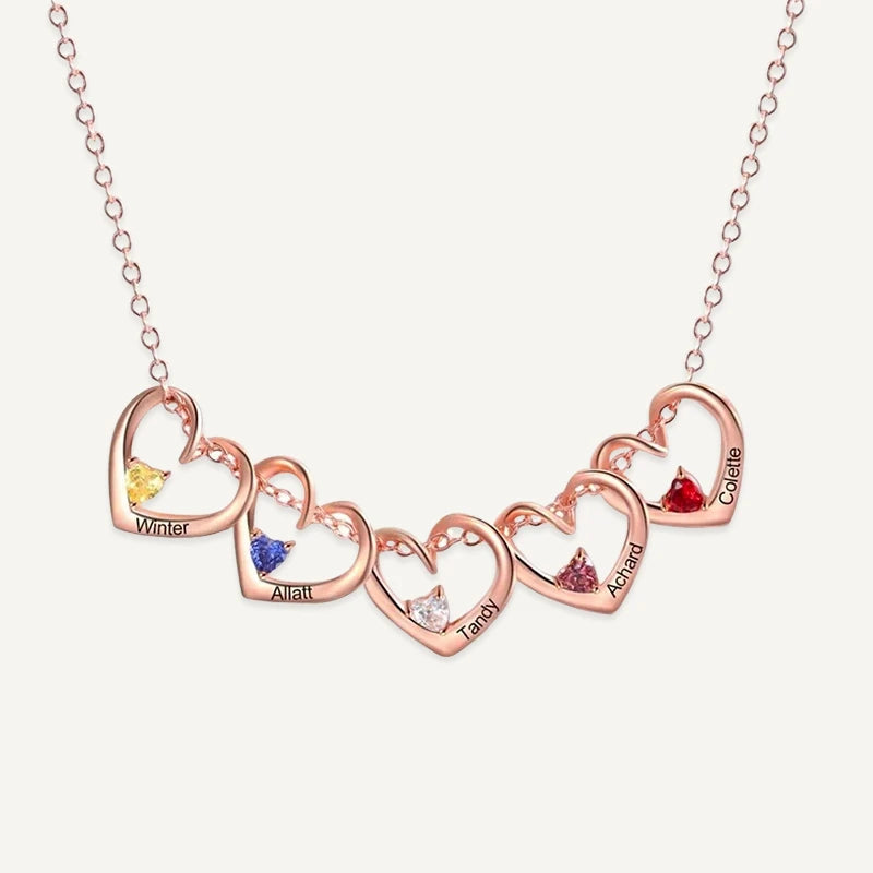 Collier Cœurs Personnalisés Prénoms avec Pierres de Naissance Or Rose