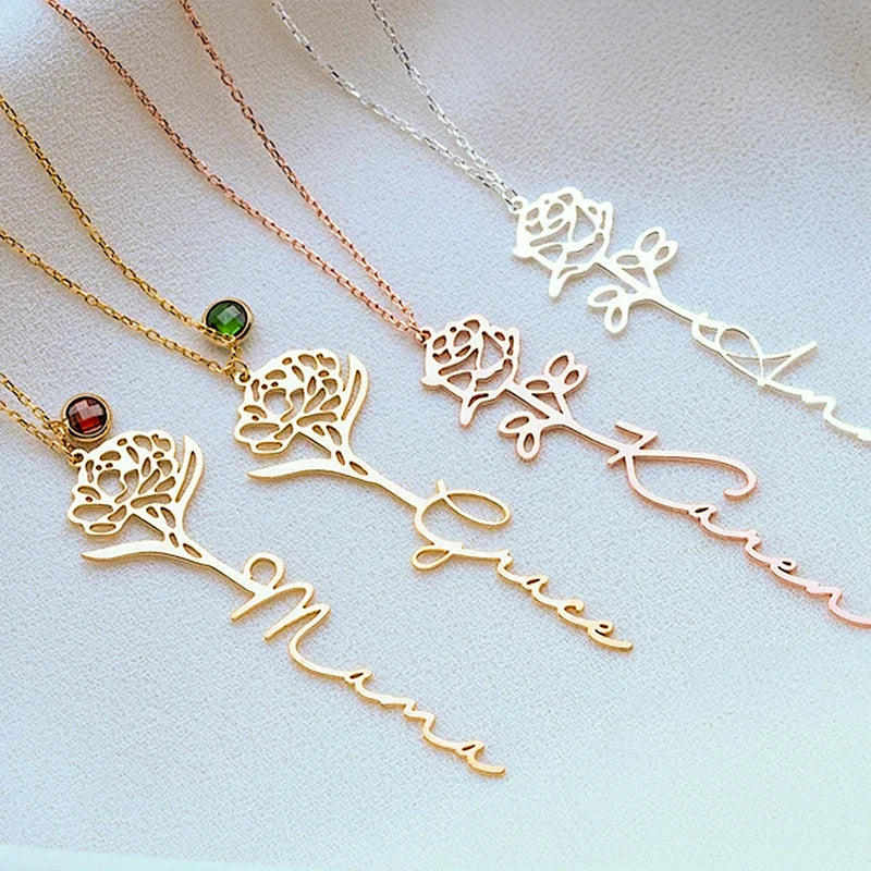 Collier Personnalisé Prénom Vertical avec Fleur et Pierre de Naissances