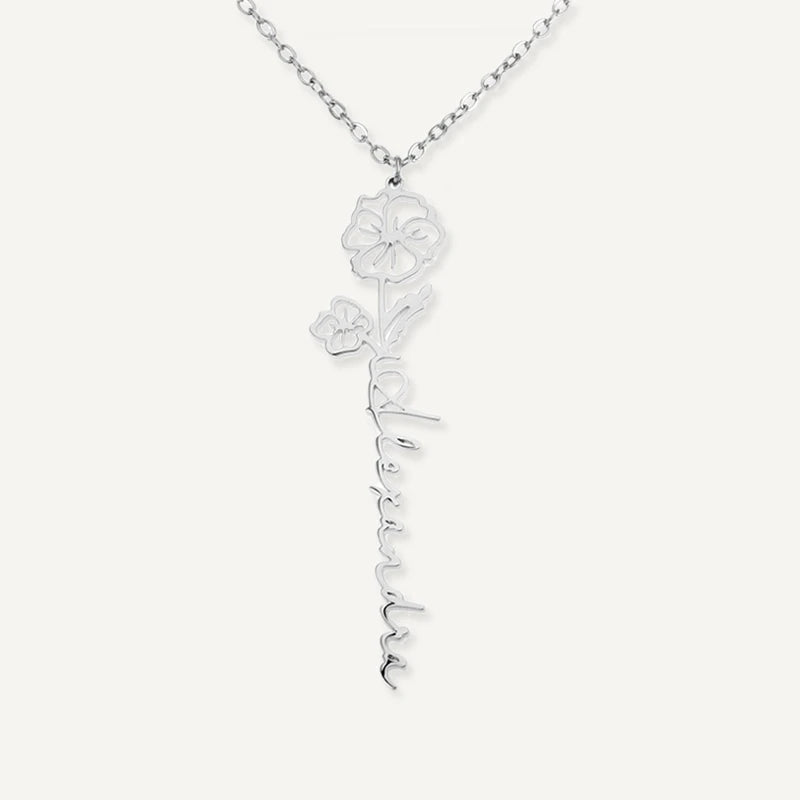 Collier Personnalisé Prénom Vertical avec Fleur et Pierre de Naissances Argent