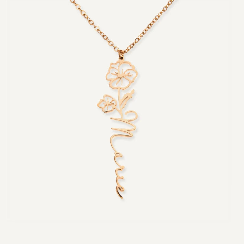 Collier Personnalisé Prénom Vertical avec Fleur et Pierre de Naissances Or Rose