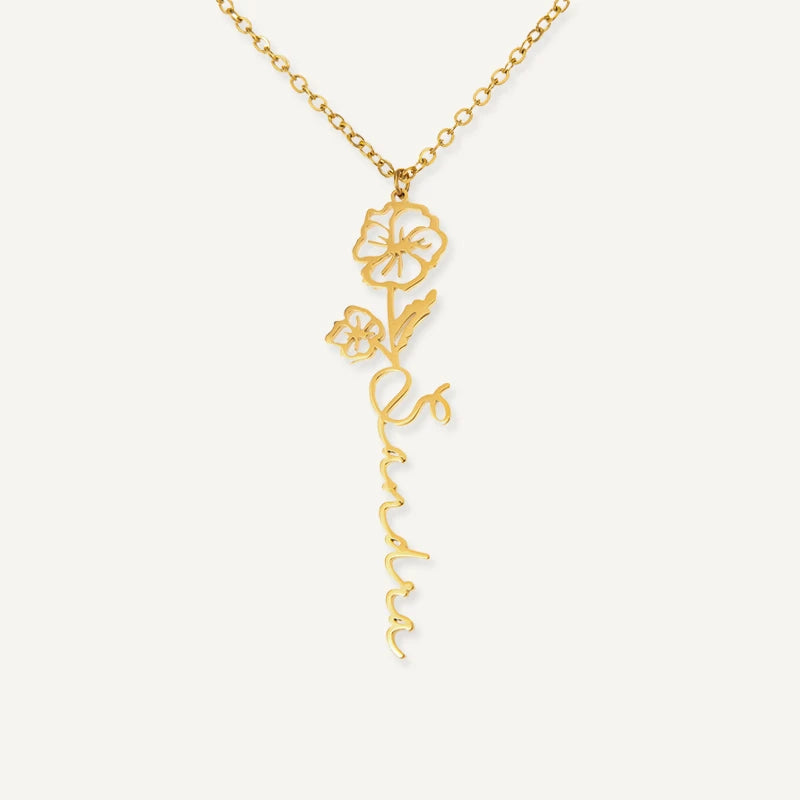 Collier Personnalisé Prénom Vertical avec Fleur et Pierre de Naissances Or