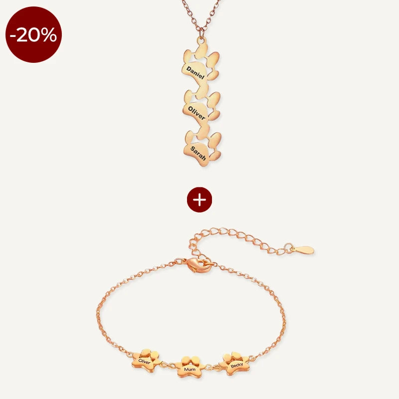 Collier et Bracelet Patte de Chien Personnalisé Or Rose
