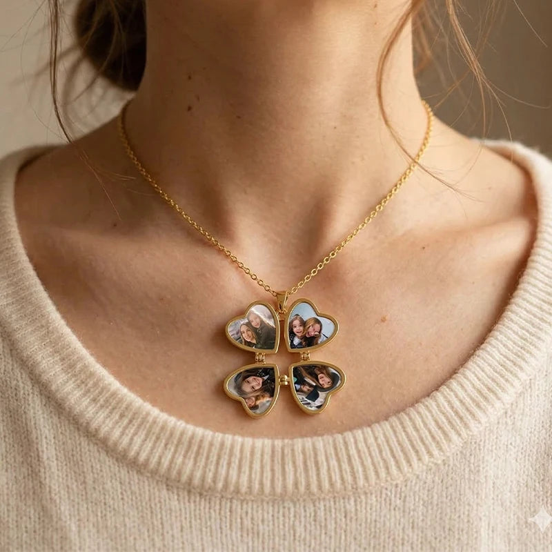 Collier Trèfle Cœur 4 Photos Personnalisées Femme