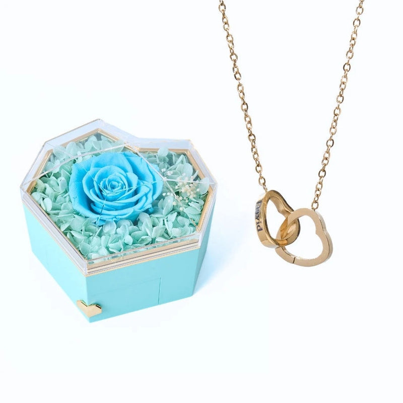 Coffret Cœur Rose Éternelle et Collier Personnalisé Bleu Clair Or