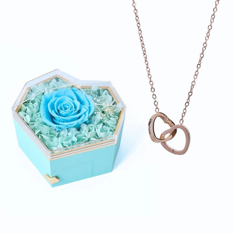 Coffret Cœur Rose Éternelle et Collier Personnalisé Bleu Clair Or Rose