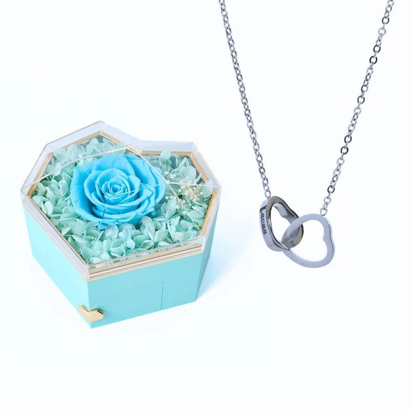 Coffret Cœur Rose Éternelle et Collier Personnalisé Bleu Clair Argent