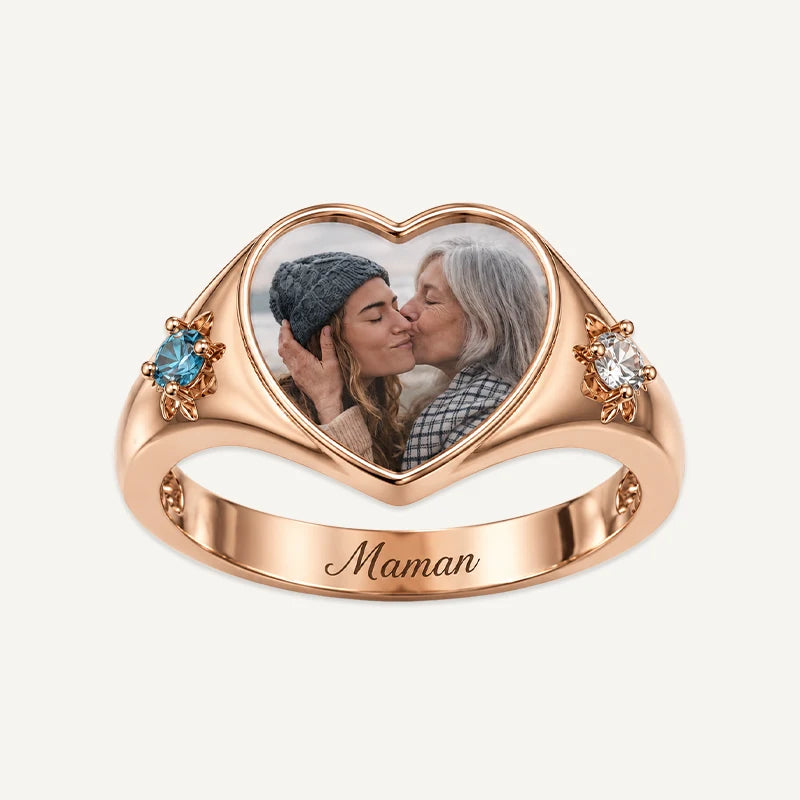 Bague Cœur Photo Personnalisée avec 2 Pierres de Naissance et Gravure Or Rose