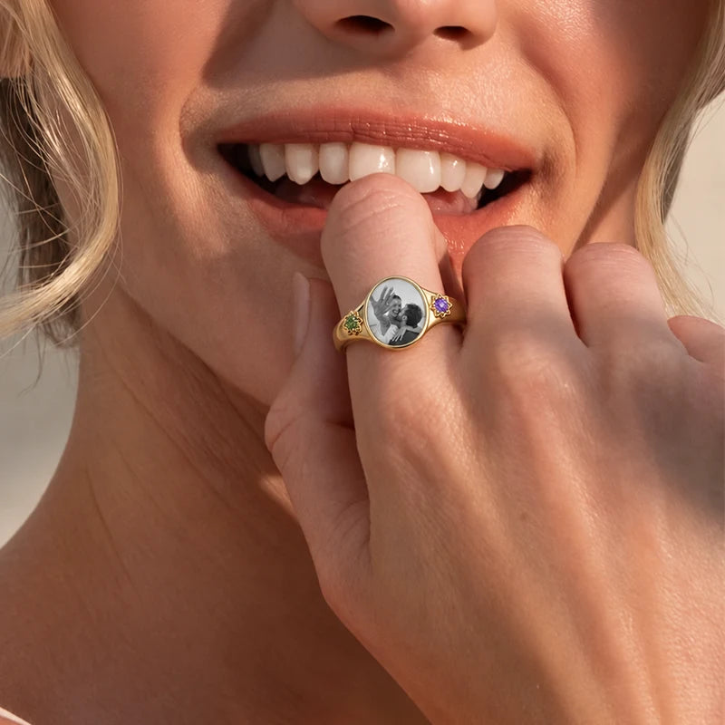 Bague Photo Personnalisée avec 2 Pierres de Naissance Or Femme
