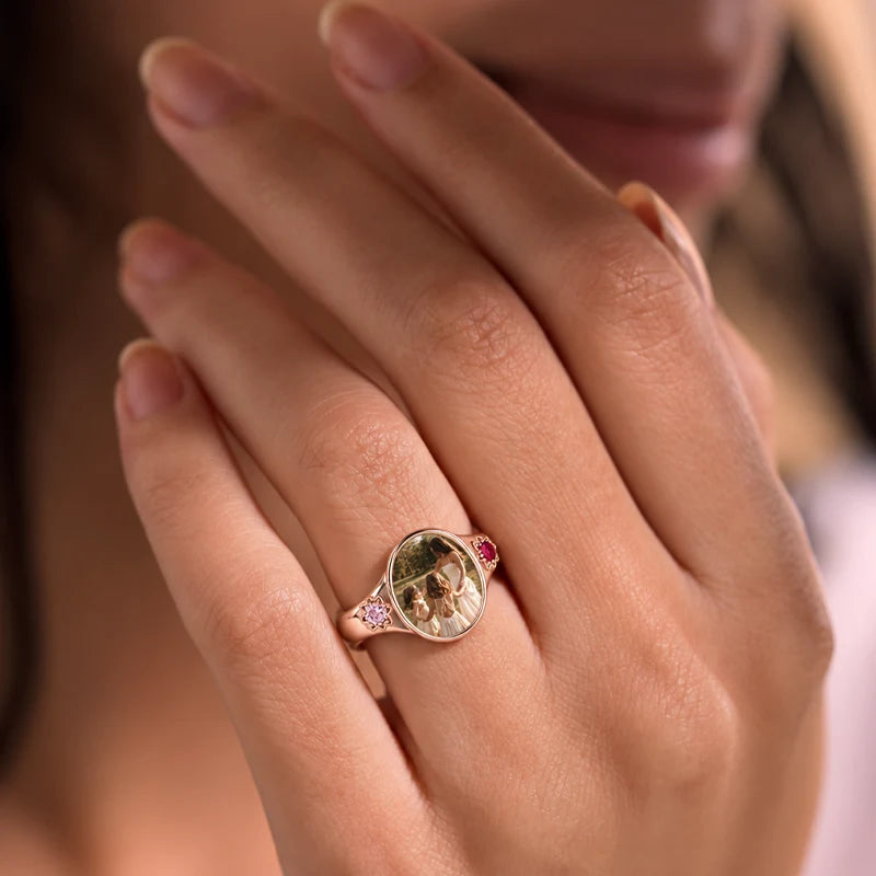 Bague Photo Personnalisée avec 2 Pierres de Naissance Or Rose Femme