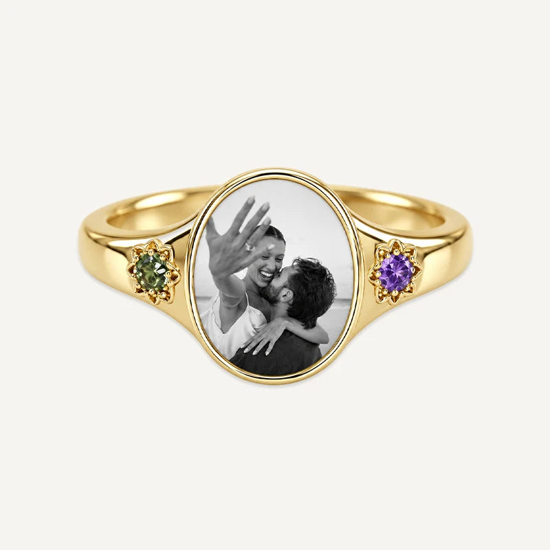 Bague Photo Personnalisée avec 2 Pierres de Naissance Or