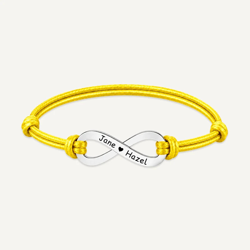 Bracelet Cordon Infini Personnalisé avec Prénoms Argent Jaune