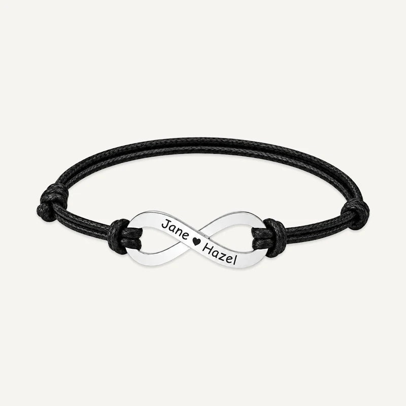 Bracelet Cordon Infini Personnalisé avec Prénoms Argent Noir