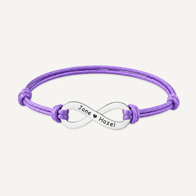 Bracelet Cordon Infini Personnalisé avec Prénoms Argent Violet
