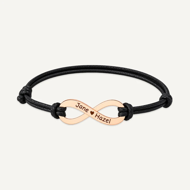 Bracelet Cordon Infini Personnalisé avec Prénoms Or Rose Noir