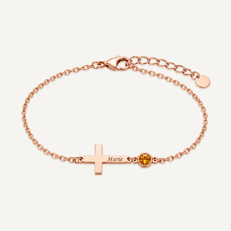 Bracelet Croix Gravée avec Pierre de Naissance Or Rose