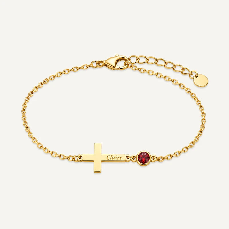 Bracelet Croix Gravée avec Pierre de Naissance Or