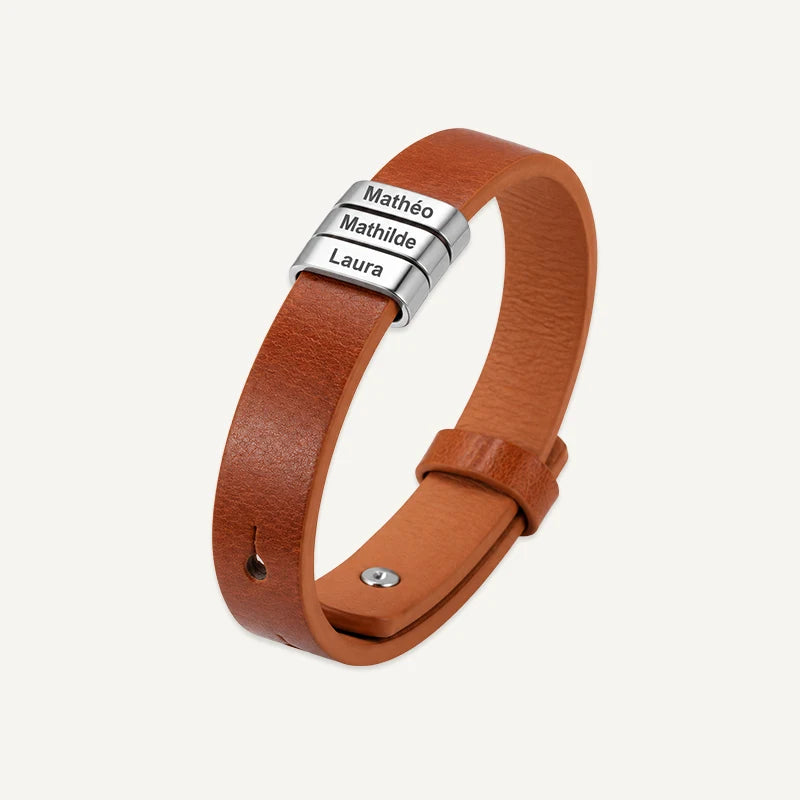 Bracelet Homme Cuir avec Gravure Marron Clair