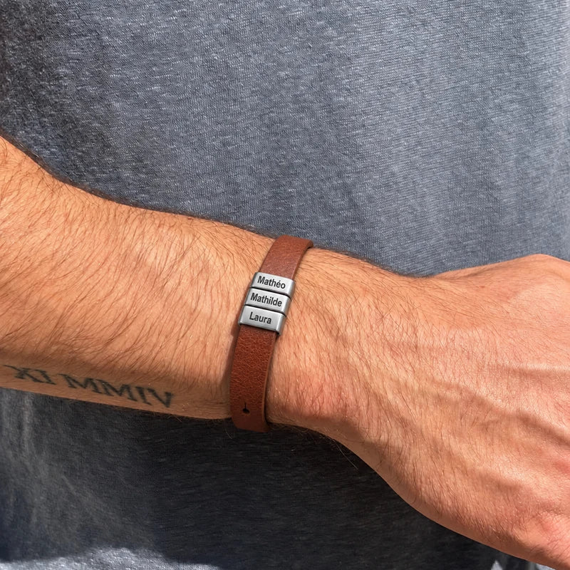 Bracelet Homme Cuir avec Gravure Marron Foncé Homme