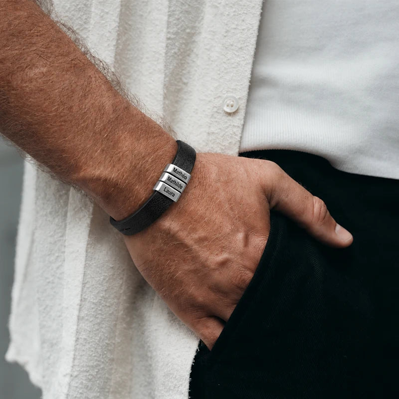 Bracelet Homme Cuir avec Gravure Noir Homme