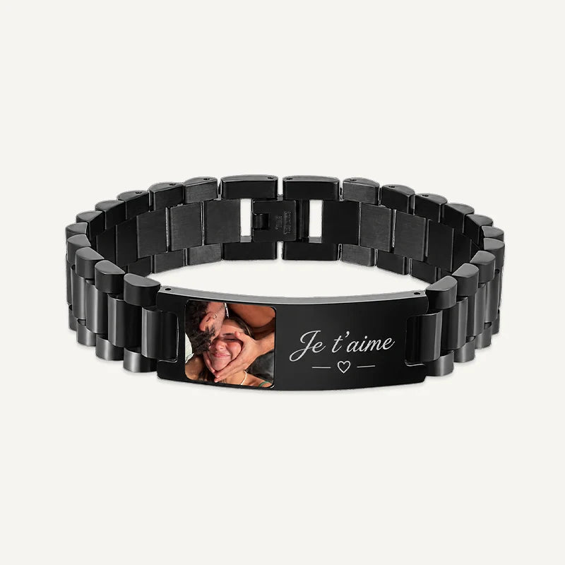 Bracelet Homme Photo avec Texte Gravé Noir