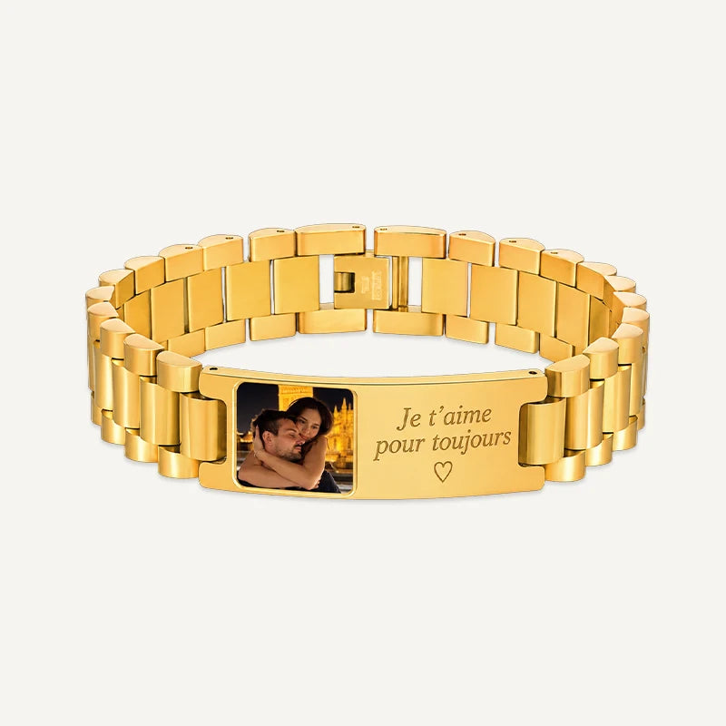Bracelet Homme Photo avec Texte Gravé Or