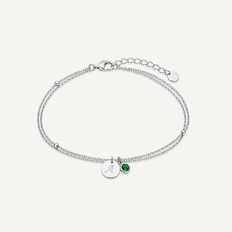 Bracelet personnalisé avec Initiale et Pierre de Naissance Argent 1 Medaillon