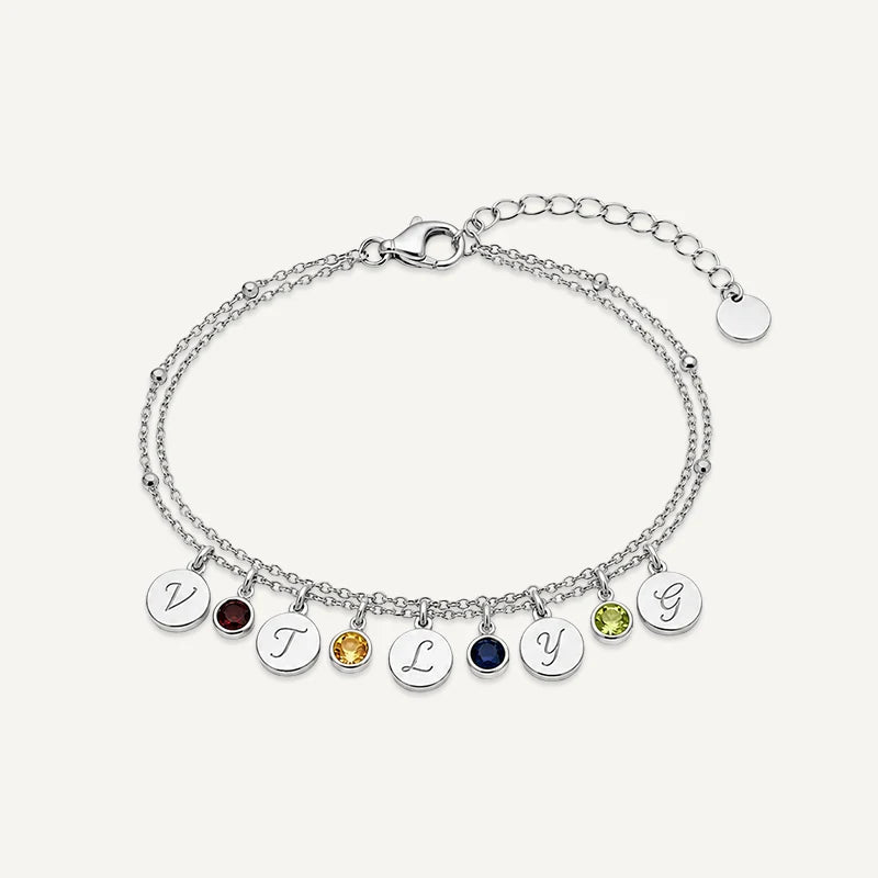 Bracelet personnalisé avec Initiale et Pierre de Naissance Argent 5 Medaillons