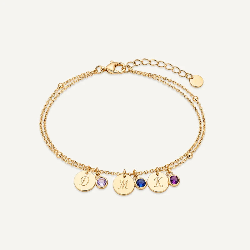 Bracelet personnalisé avec Initiale et Pierre de Naissance Or 3 Medaillons