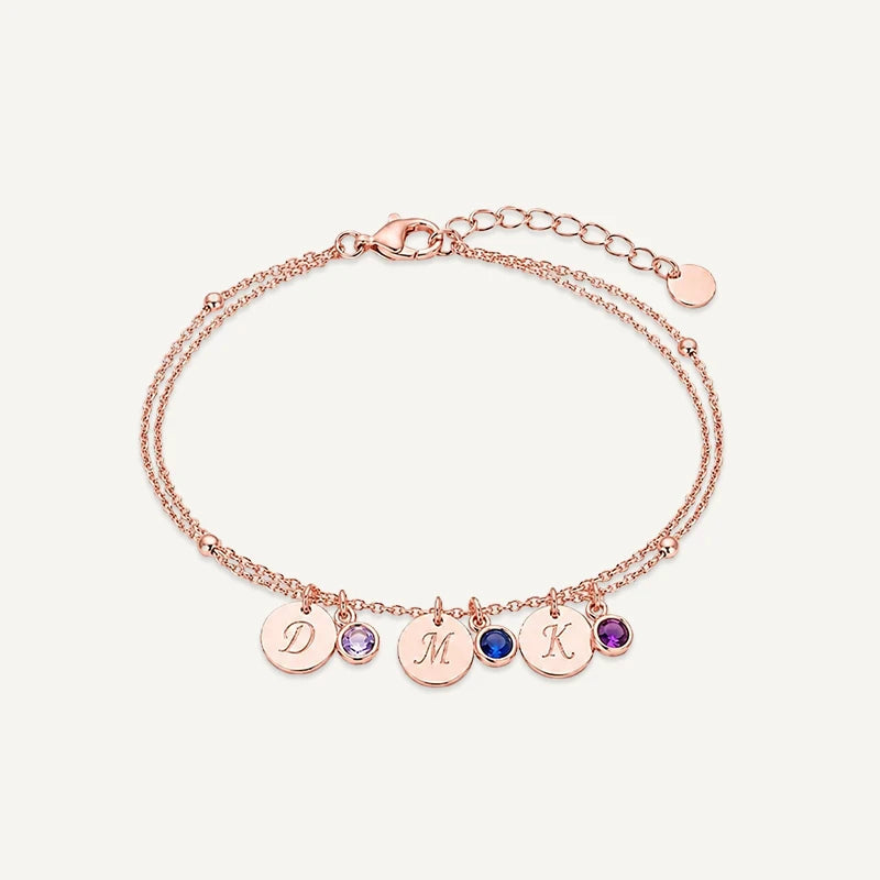 Bracelet personnalisé avec Initiale et Pierre de Naissance Or Rose 3 Medaillons