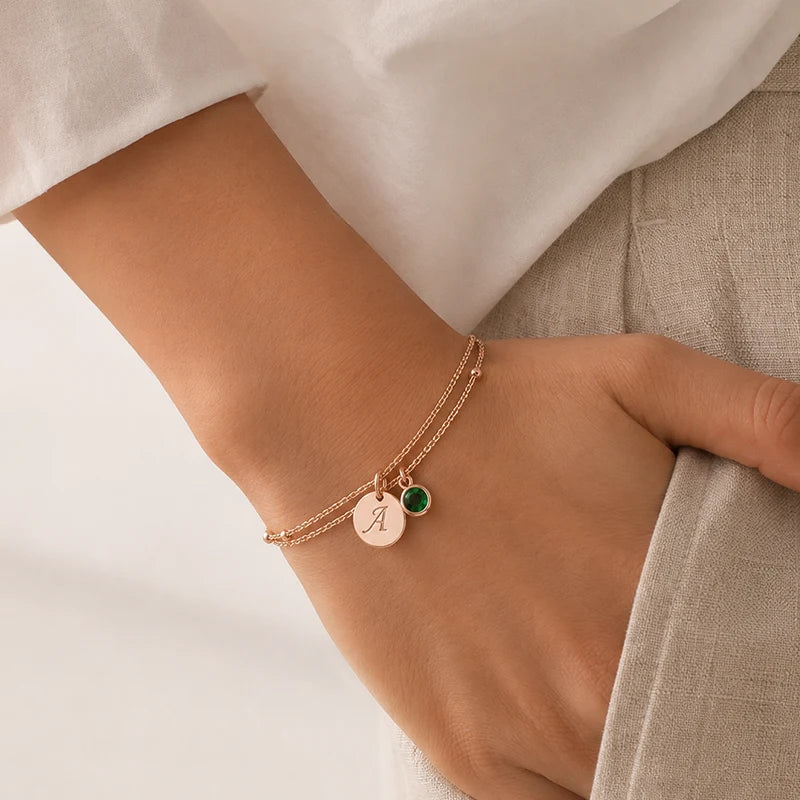 Bracelet personnalisé avec Initiale et Pierre de Naissance Or Rose Femme