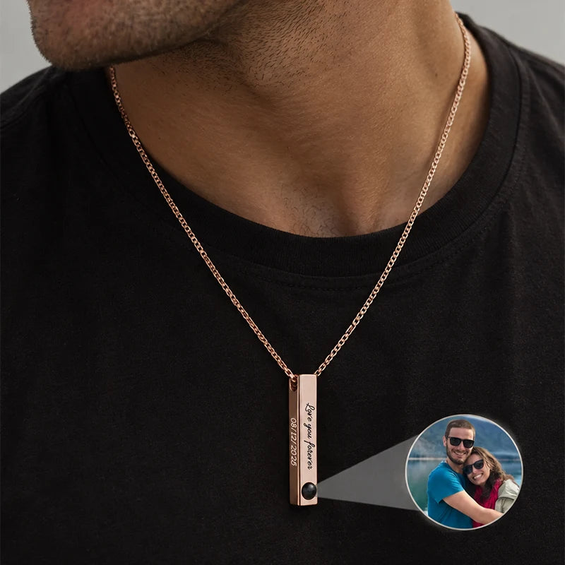 Collier Barre Verticale Personnalisé et Projection Photo Or Rose Homme