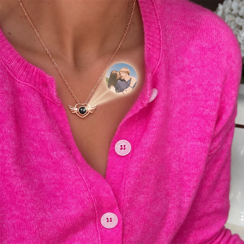 Collier Cœur Ange Projection Photo Or Rose Femme