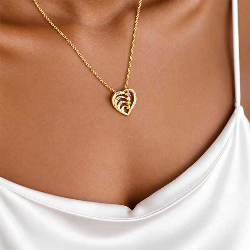 Collier Cœur Prénoms avec Pierres de Naissance Femme