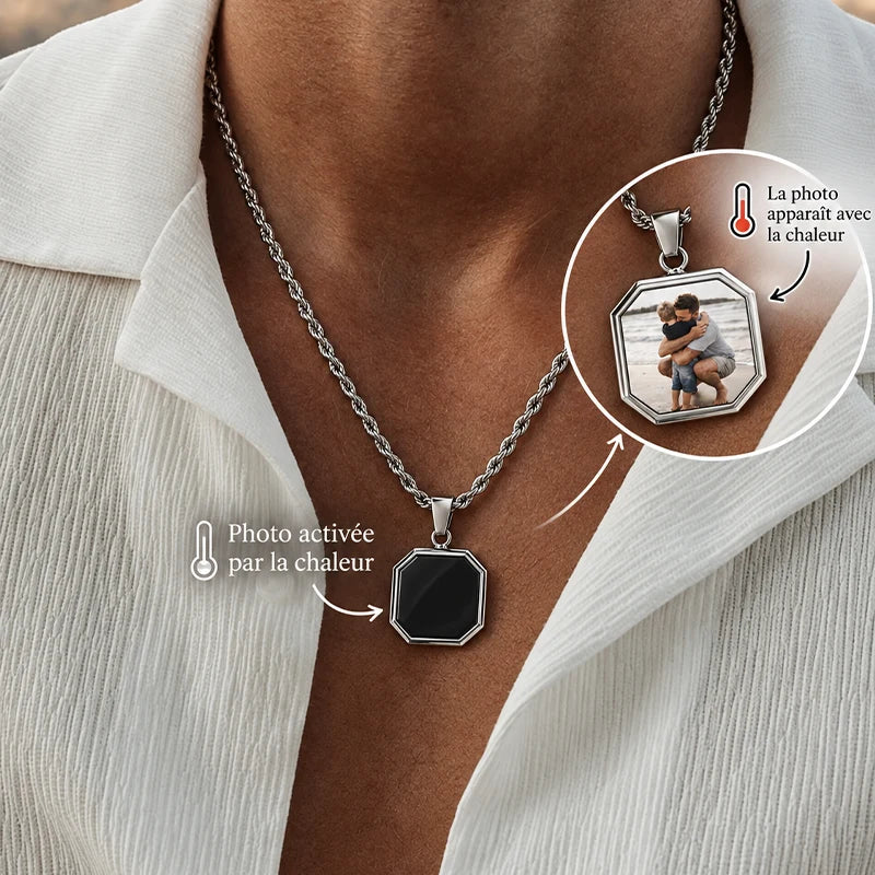Collier Homme Photo Thermique avec Gravure Argent Homme