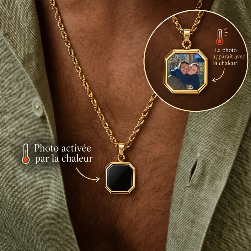 Collier Homme Photo Thermique avec Gravure Or Homme