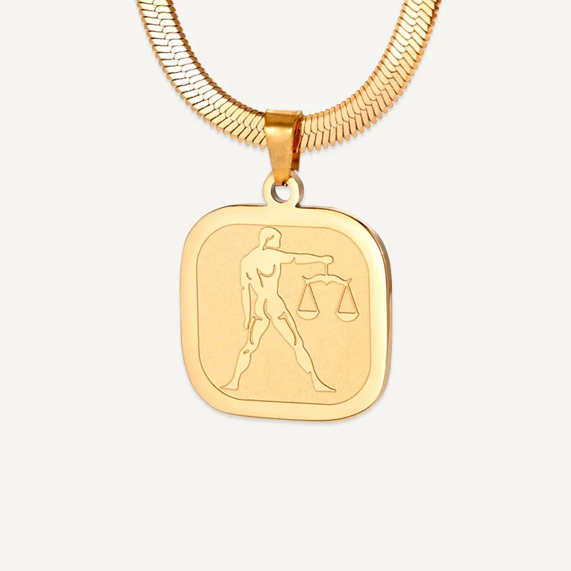 Collier Médaillon Carré Signe Astrologique Or Balance