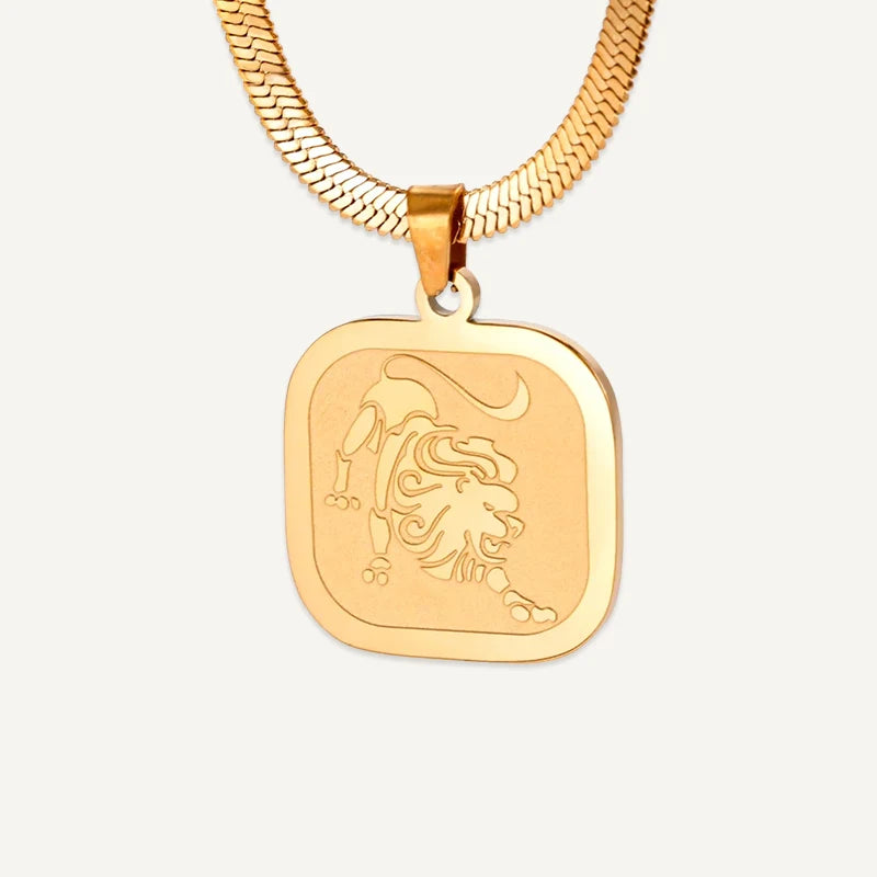 Collier Médaillon Carré Signe Astrologique Or Lion