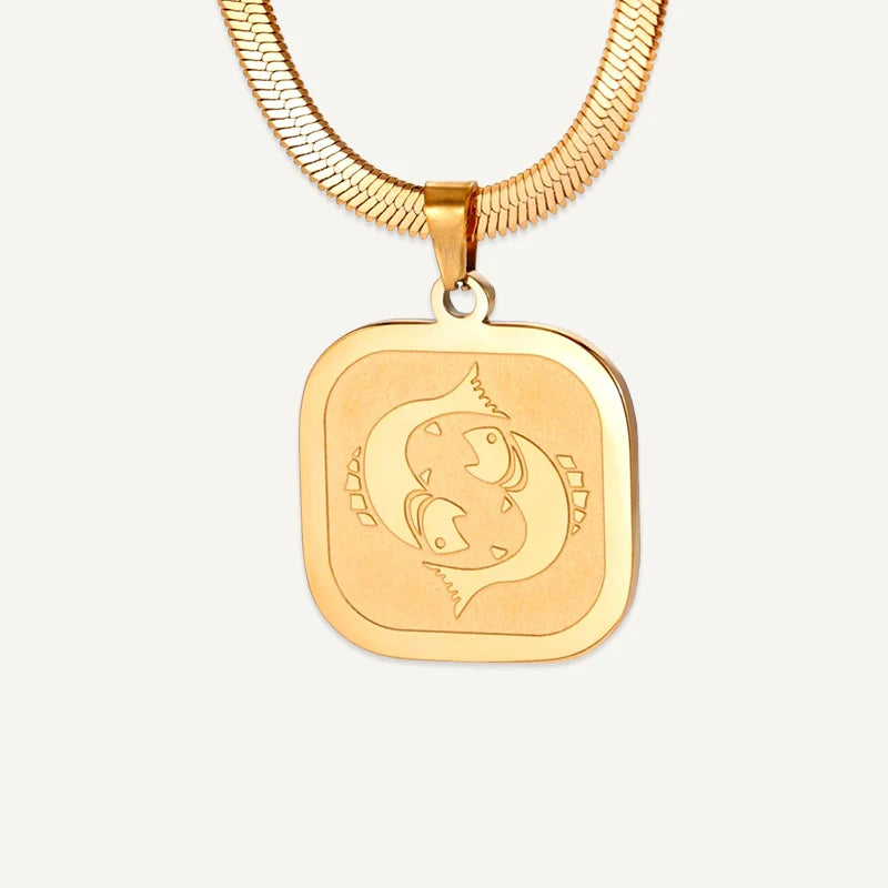 Collier Médaillon Carré Signe Astrologique Or Poissons
