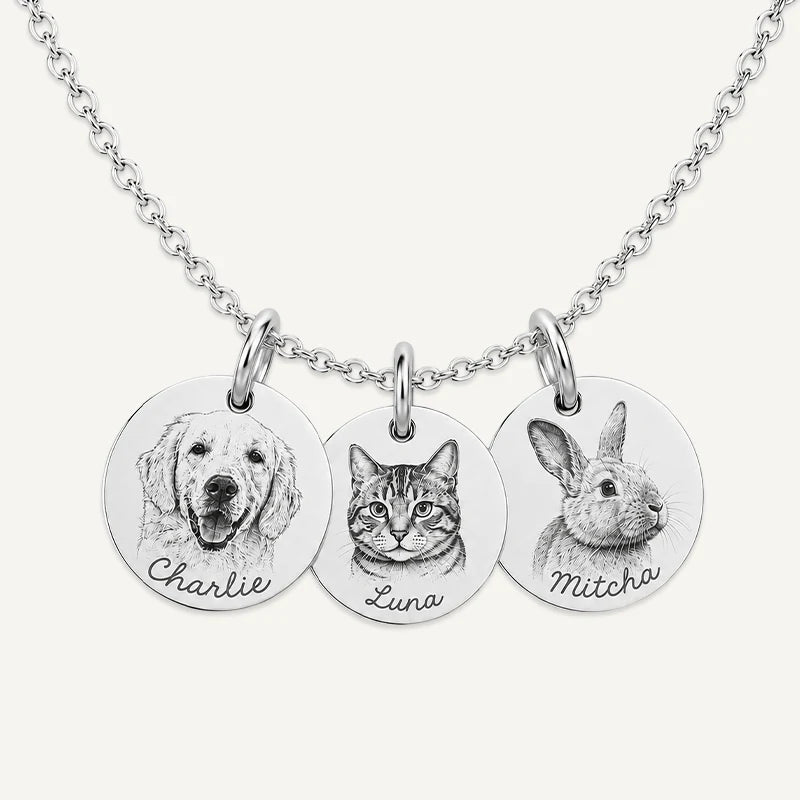 Collier 3 Médaillons Photo Animal Gravé Argent