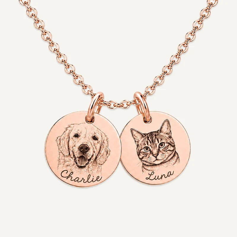 Collier 2 Médaillons Photo Animal Gravé Or Rose