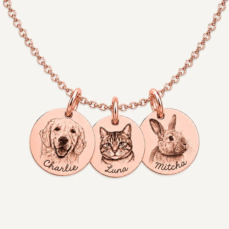 Collier 3 Médaillons Photo Animal Gravé Or Rose