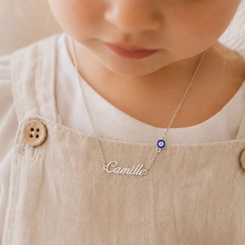 Collier Personnalisé Prénom Enfant Mauvais Œil Argent Enfant