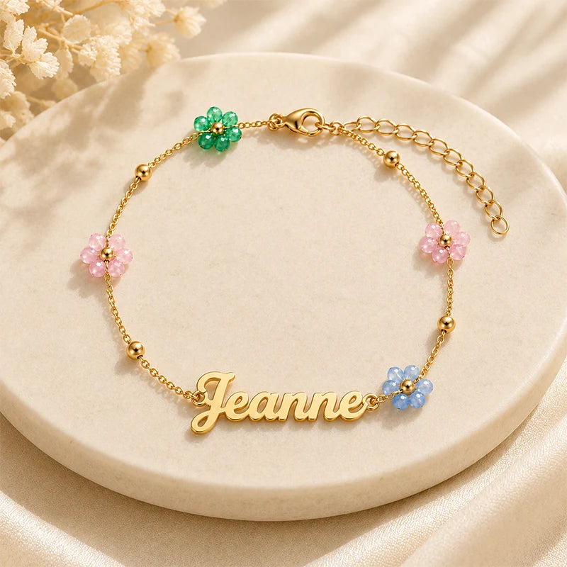 Bracelet Prénom Enfant à Fleurs Colorées Or Acier Inoxydable