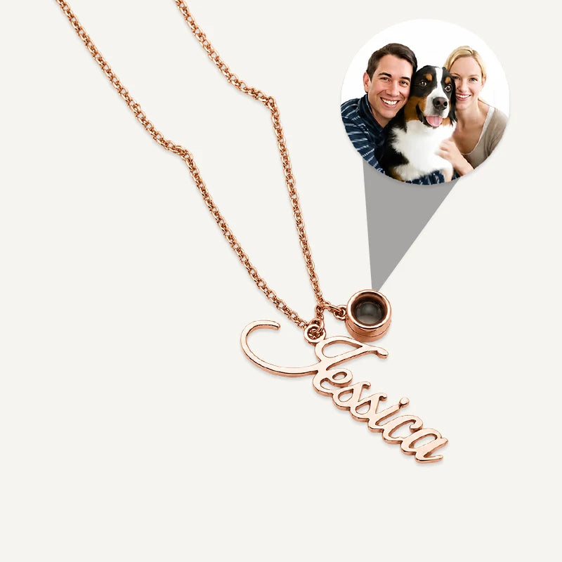 Collier Prénom Personnalisé et Projection Photo Or Rose