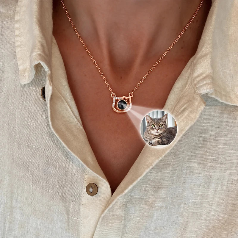 Collier Projection Photo Chat Or Rose Femme